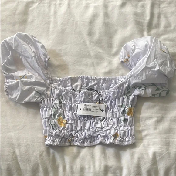 White Crop Top with yellow and green florall design. - Picture 1 of 5